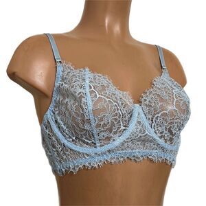 Pink Panther Blue Sheer Floral Lace Embroidered Unlined Bra Sz 38B NWOT